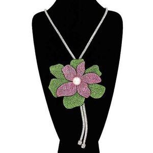 Pink & Green Bling Studded Bolo Tie Pearl Flower Pendant Bold Statement Necklace